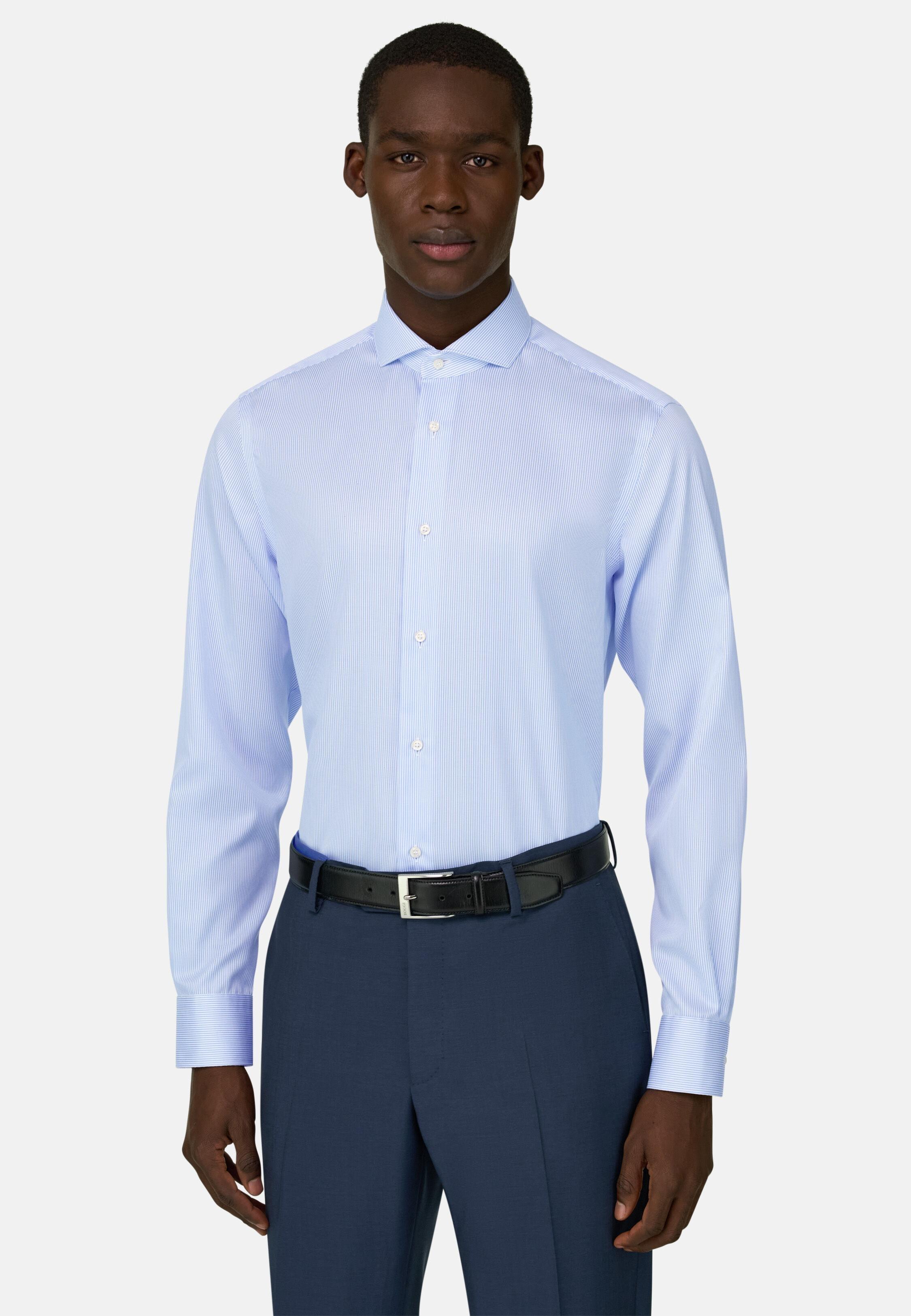 Blue Slim Fit Striped Cotton Shirt, 3901_LTBL, medium