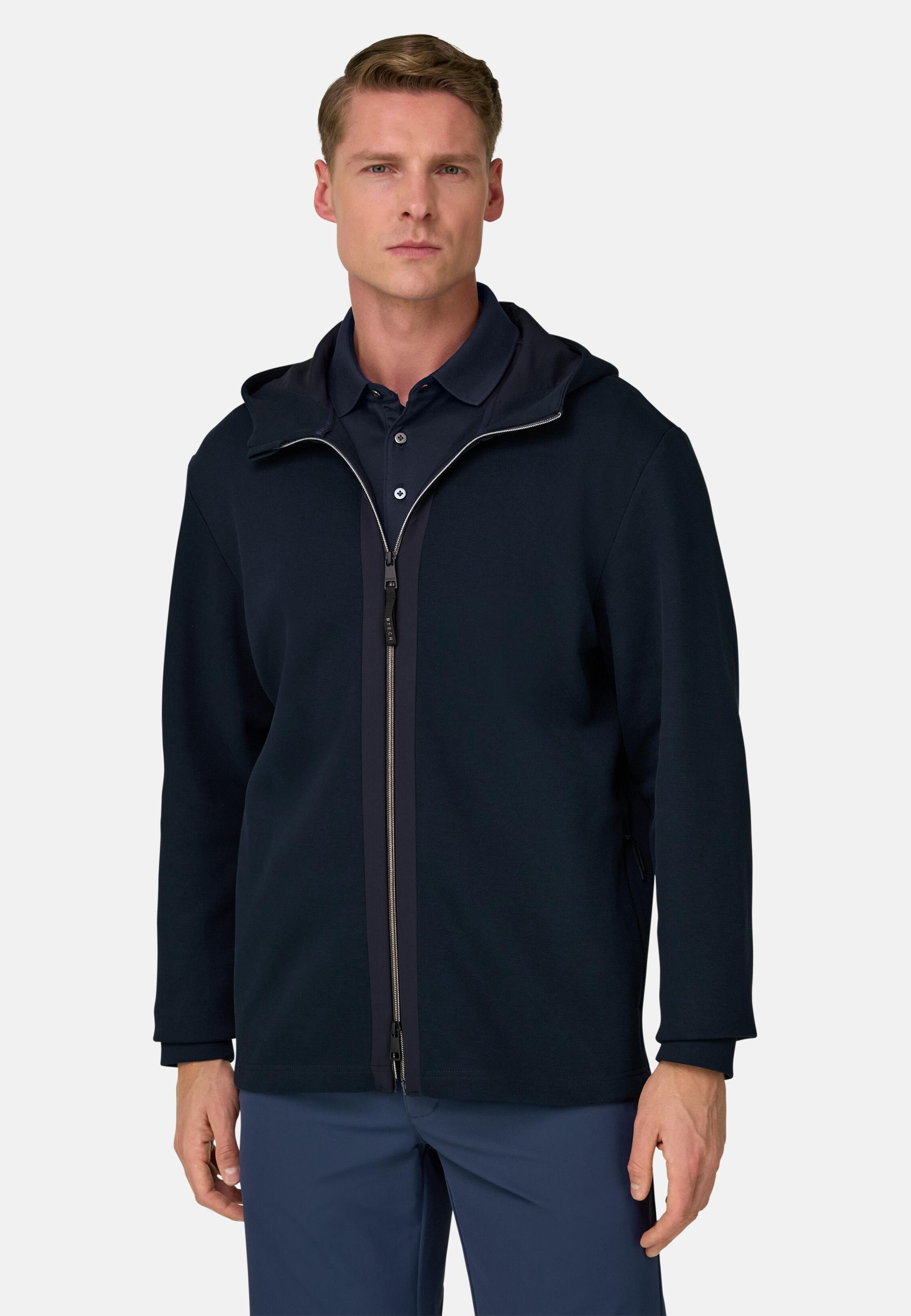 Full-Zip Sweatshirt In Lightweight Cotton Blend Scuba Piqu&eacute; Navy blue, Navy blue, large
