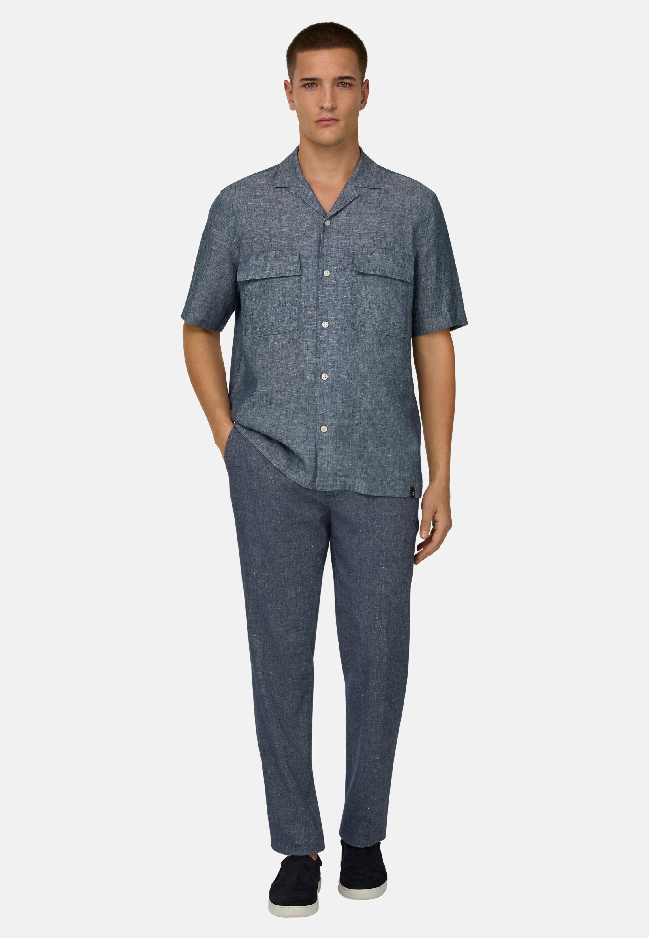 Stretch Cotton And Linen Trousers Navy, 3901_INDI, medium