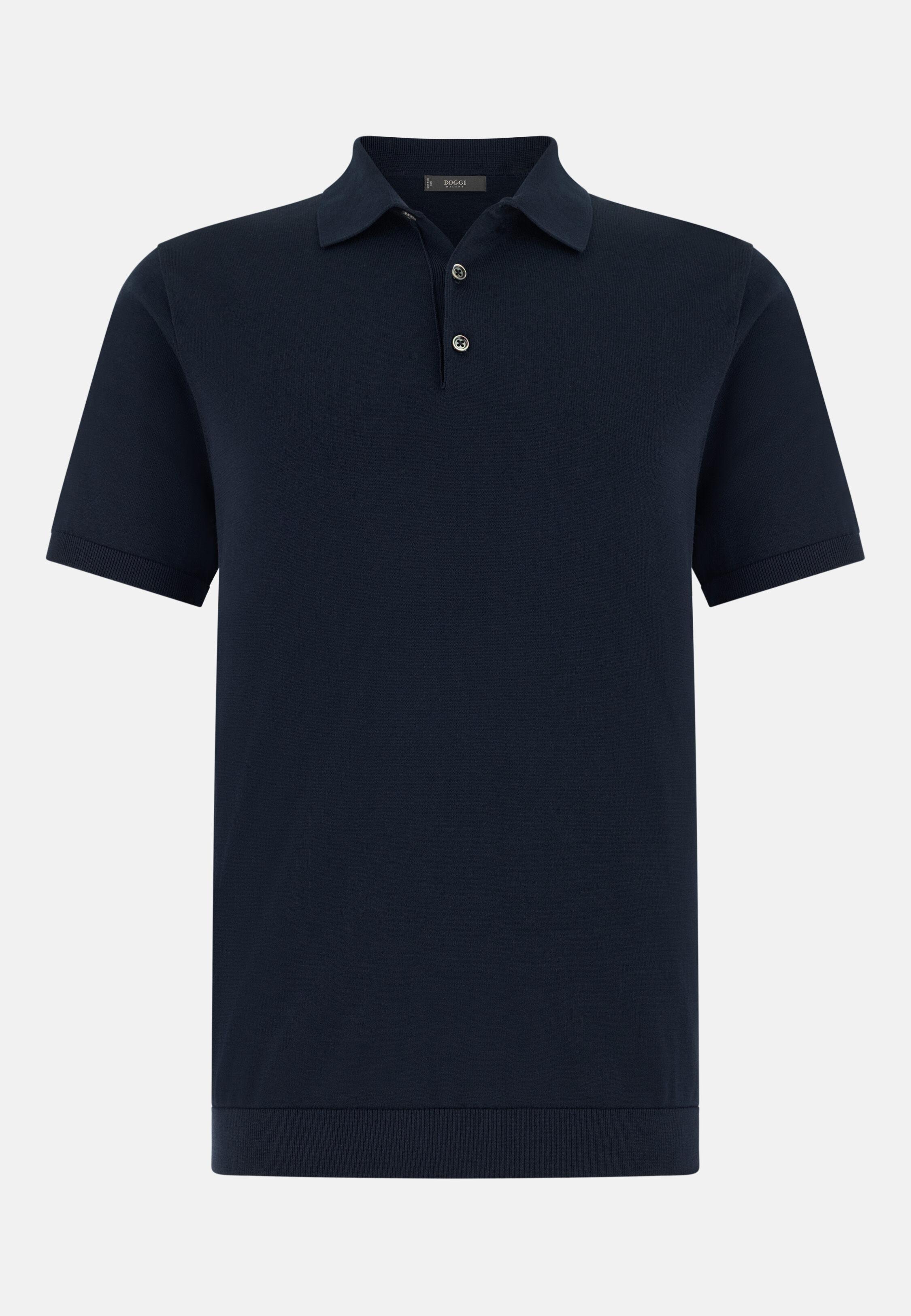 Cotton and Silk Knitted Polo Shirt Navy blue, Navy blue, large image number 3