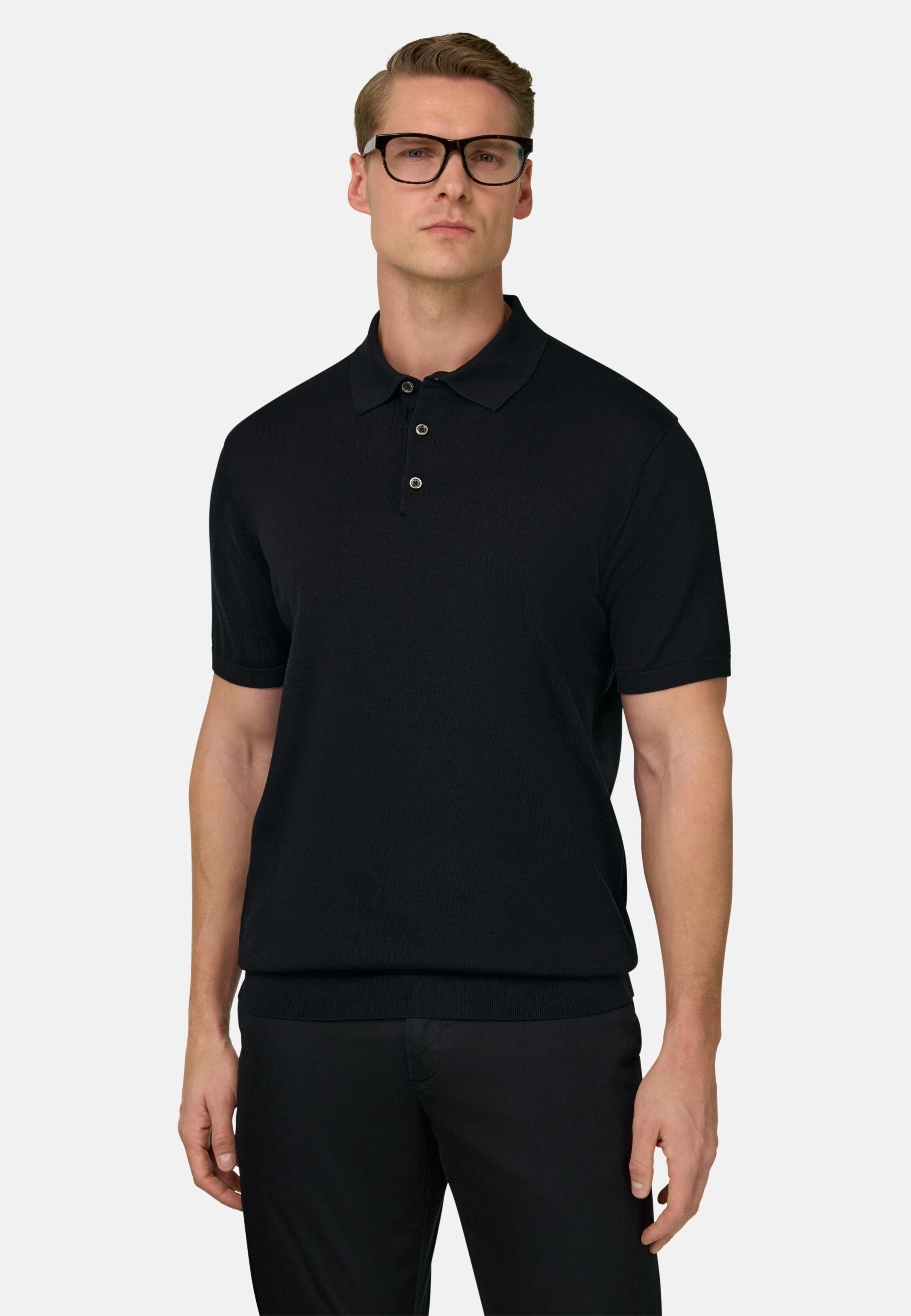 Knitted Polo Shirt in Cotton and Silk, Black, Black, large