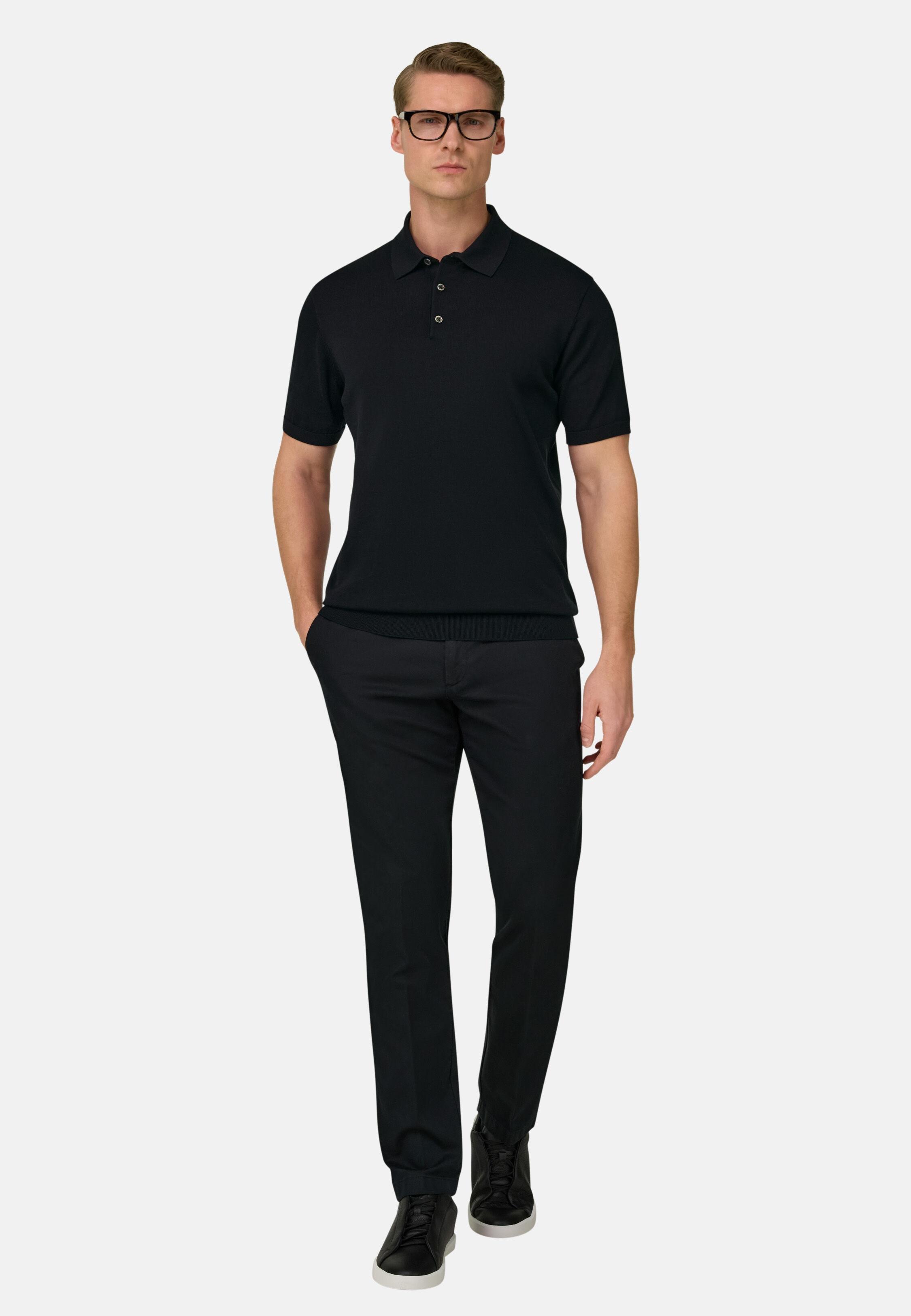 Knitted Polo Shirt in Cotton and Silk, Black, Black, large image number 1