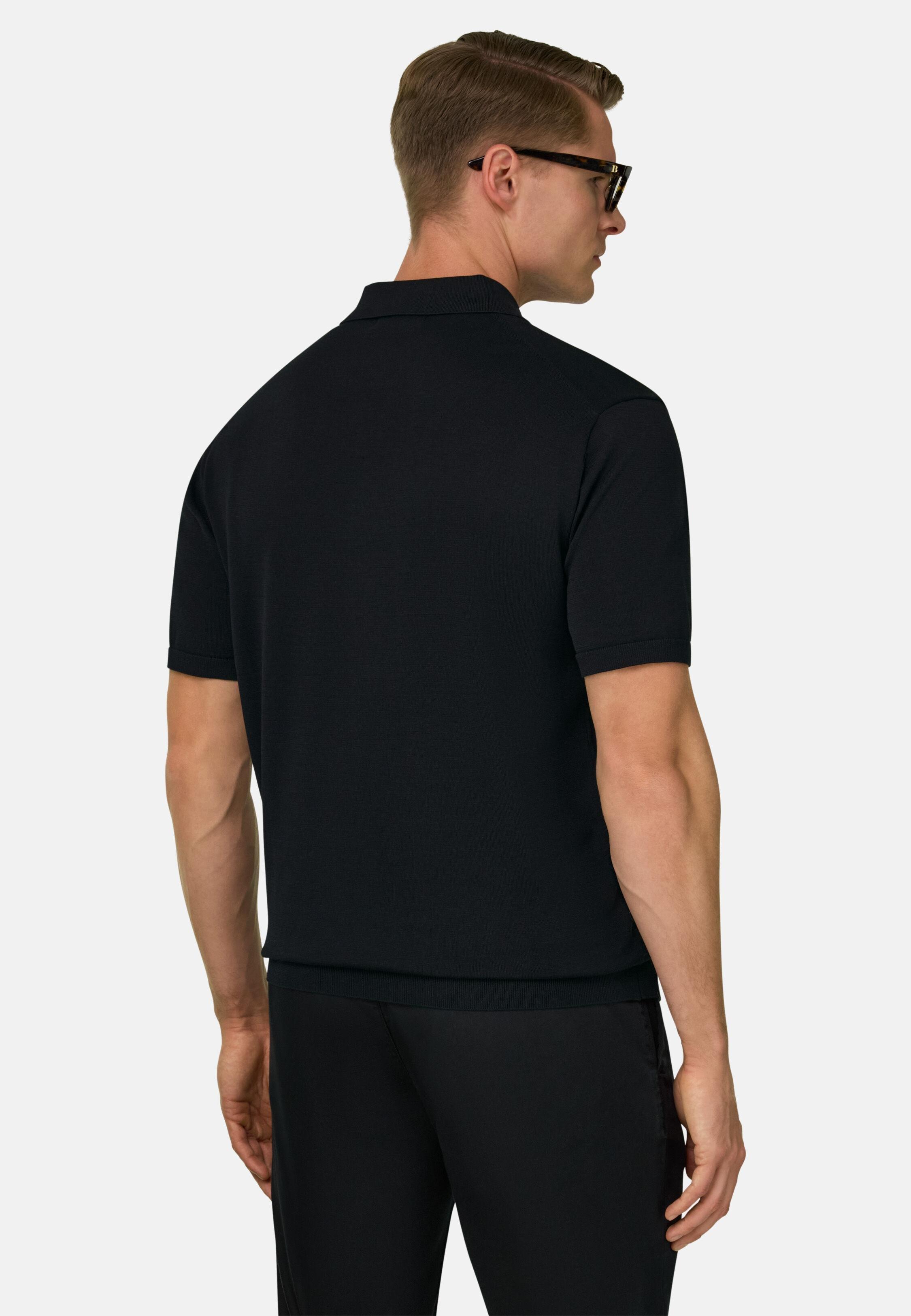Knitted Polo Shirt in Cotton and Silk, Black, Black, large image number 2