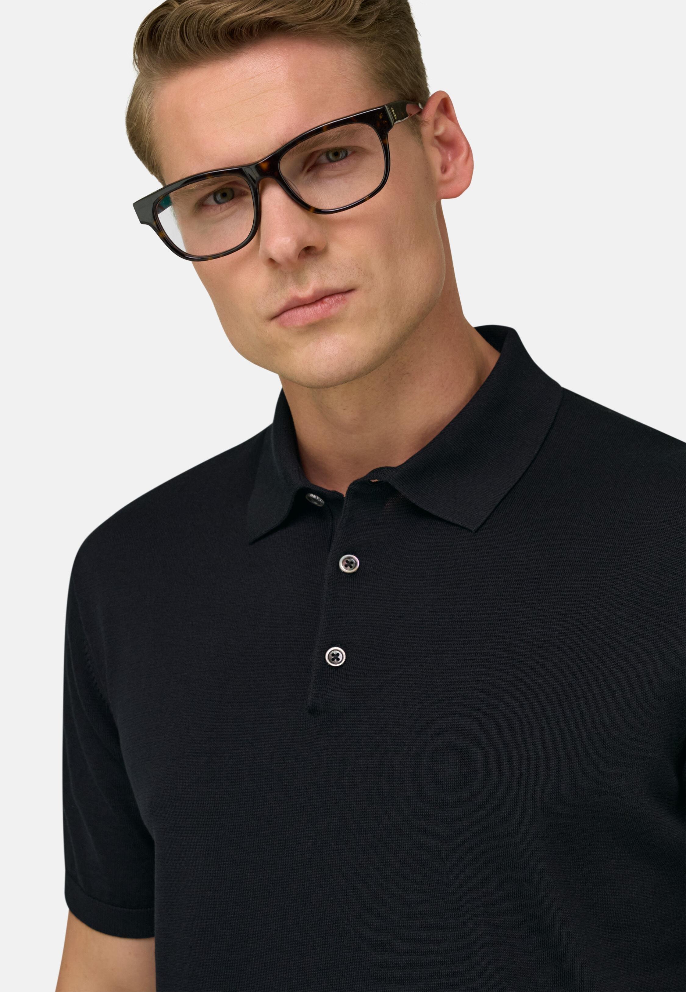 Cotton and Silk Knitted Polo Shirt Black, Black, large image number 2