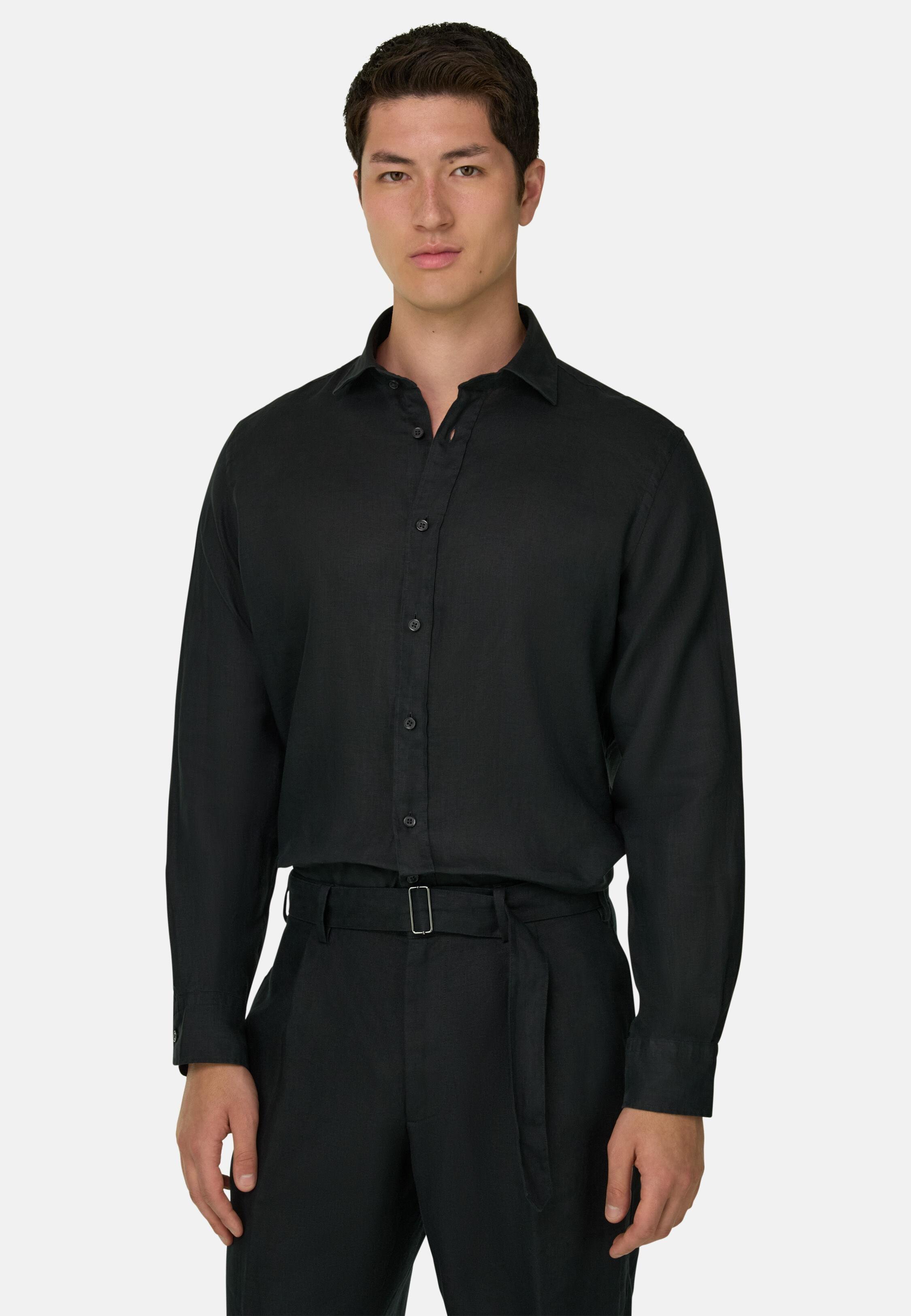Regular Fit Linen Shirt, Black, medium