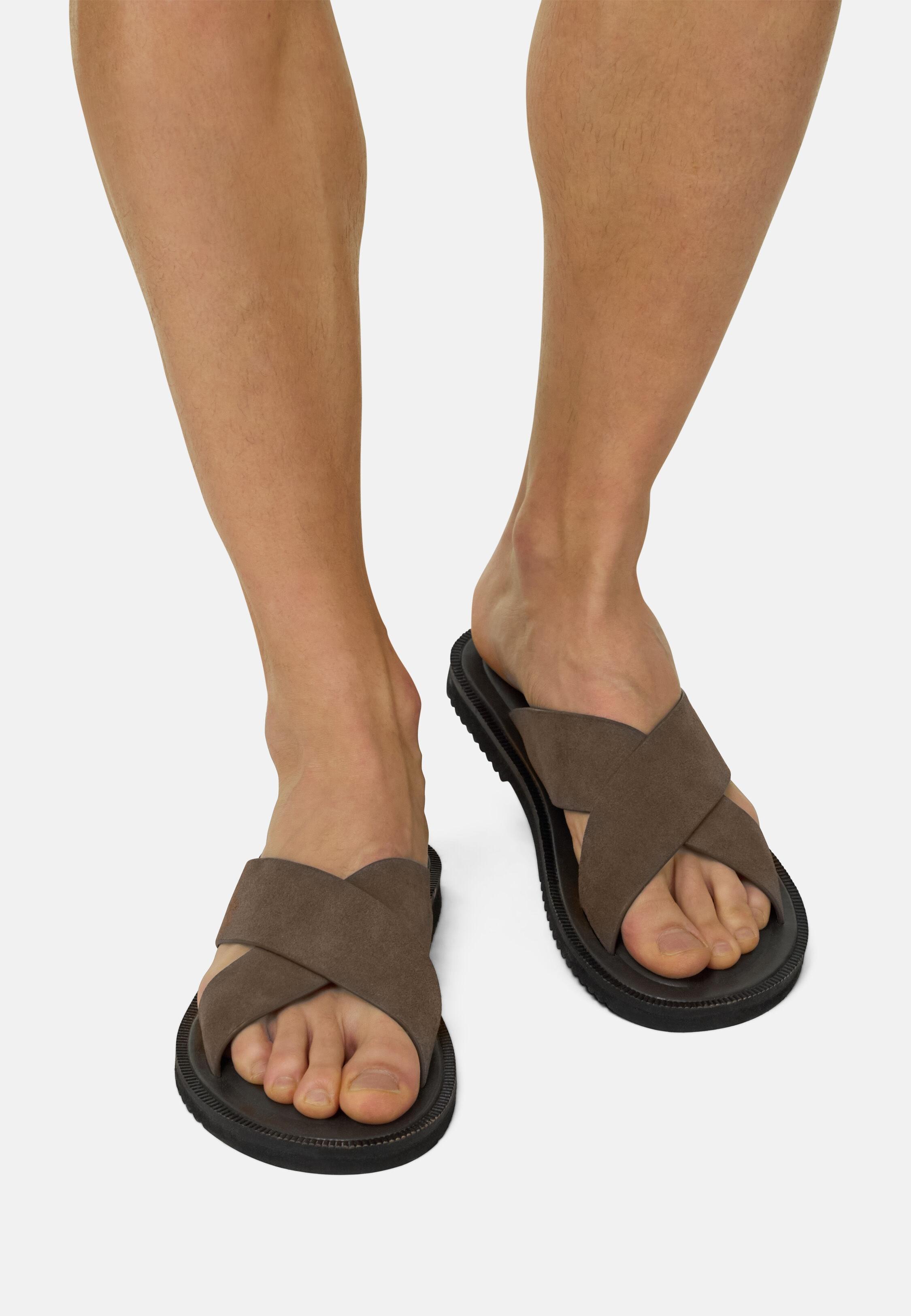 Suede Leather Slippers Taupe, Taupe, medium
