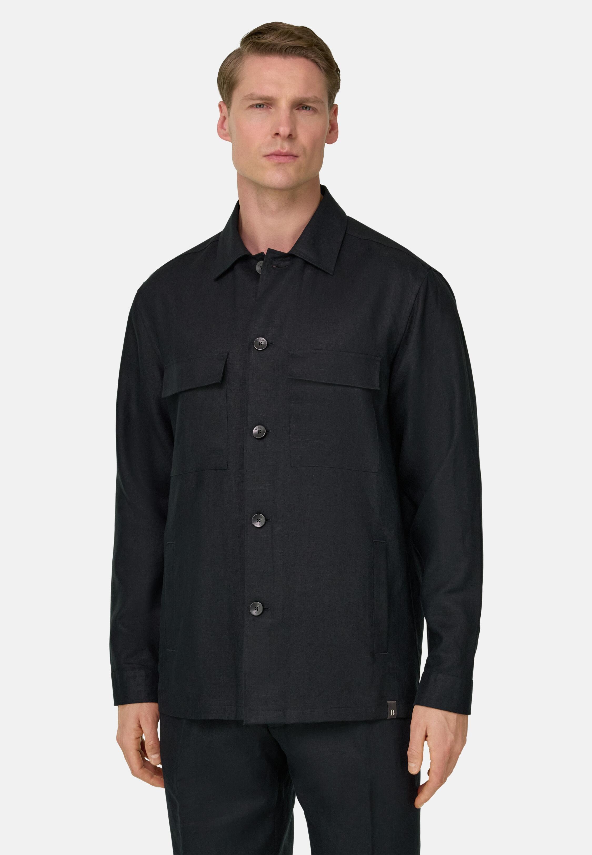 Link Shirt Jacket in Pure Linen Black, Black, medium
