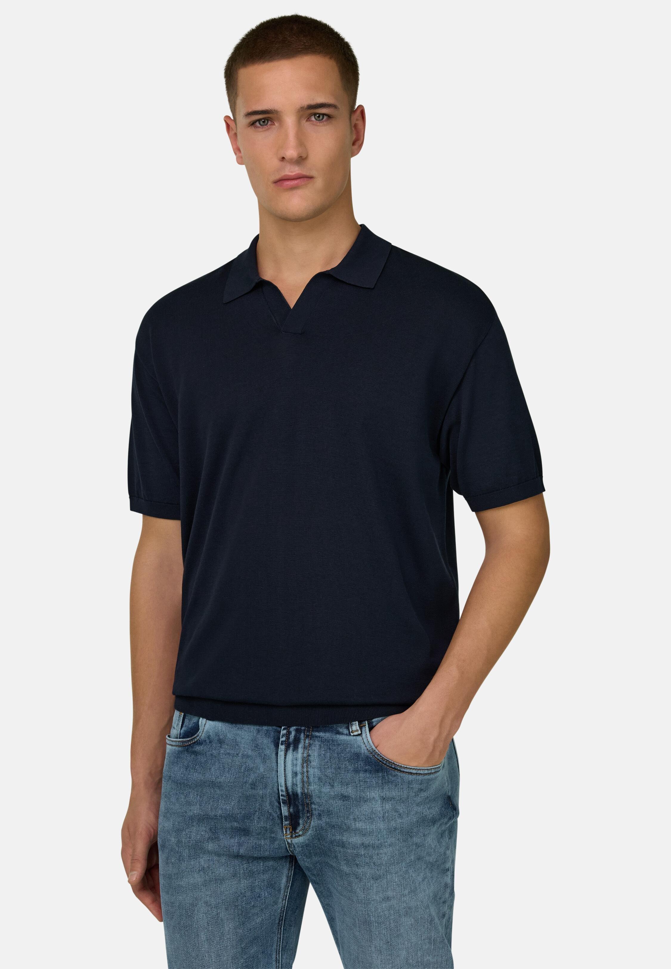 Cotton and Silk Knitted Polo Shirt Navy blue, Navy blue, large