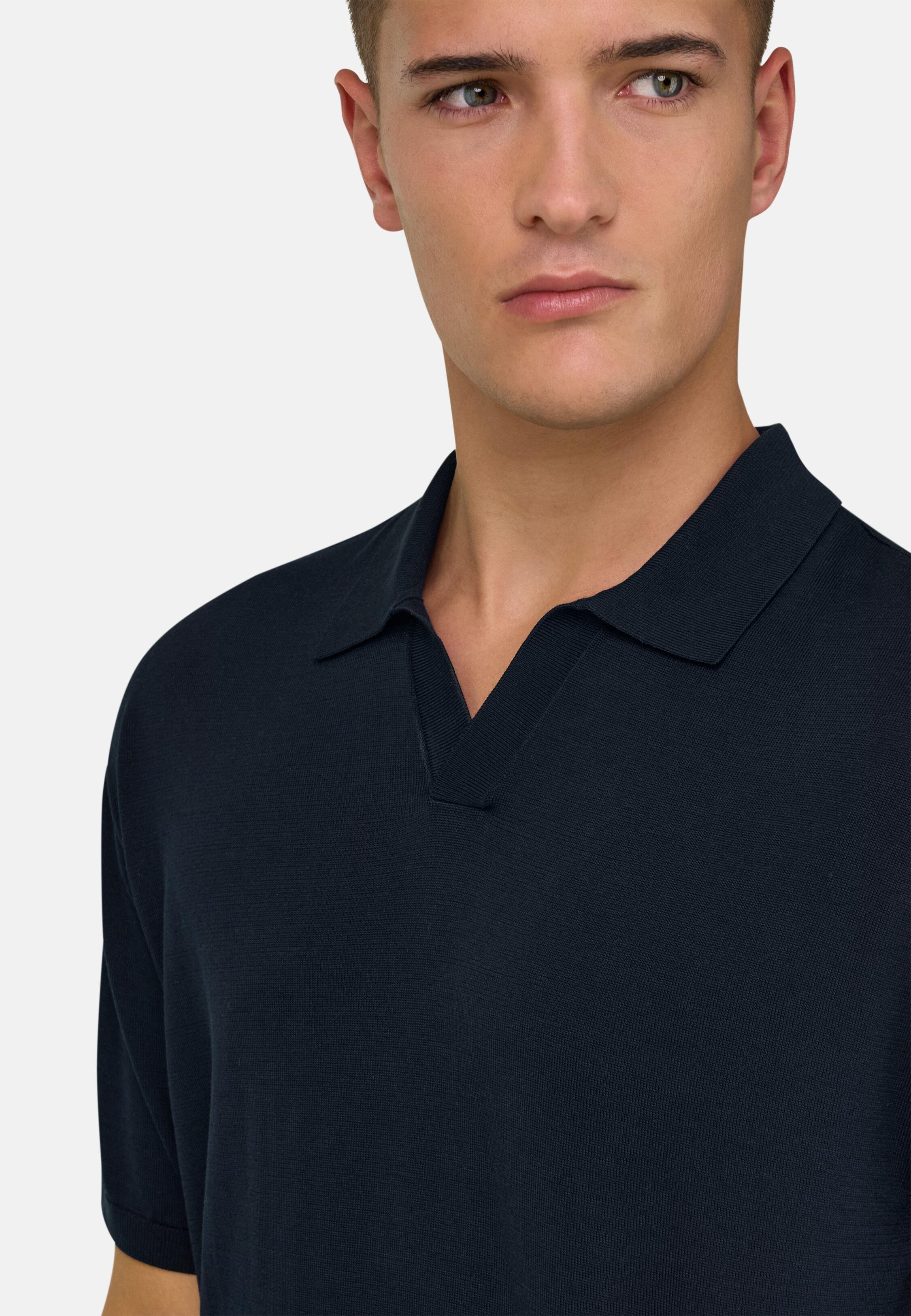 Cotton And Silk Knitted Polo Shirt Navy, 3901_NAVY, large image number 2