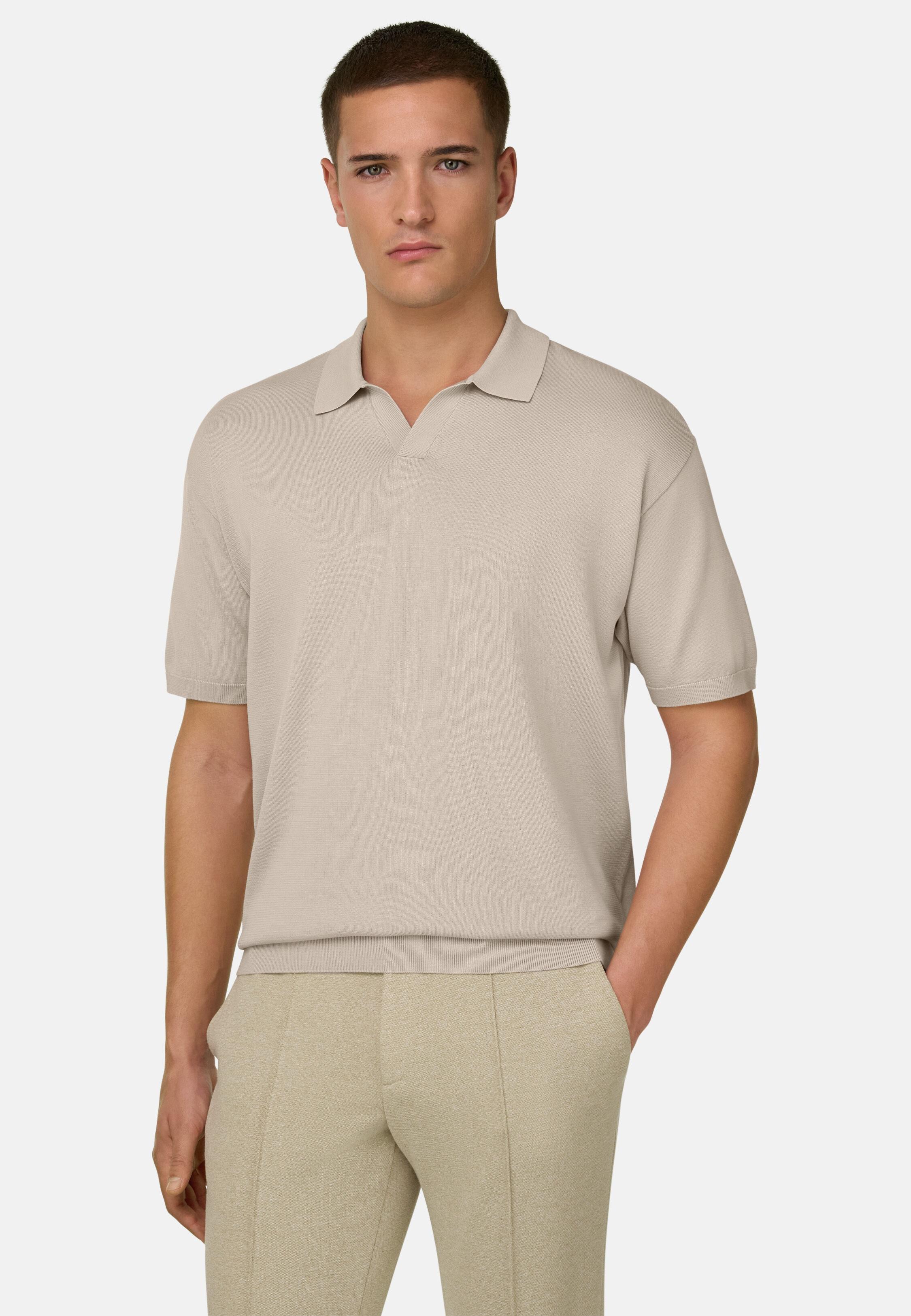 Cotton and Silk Knitted Polo Shirt Sand, Sand, large image number 0