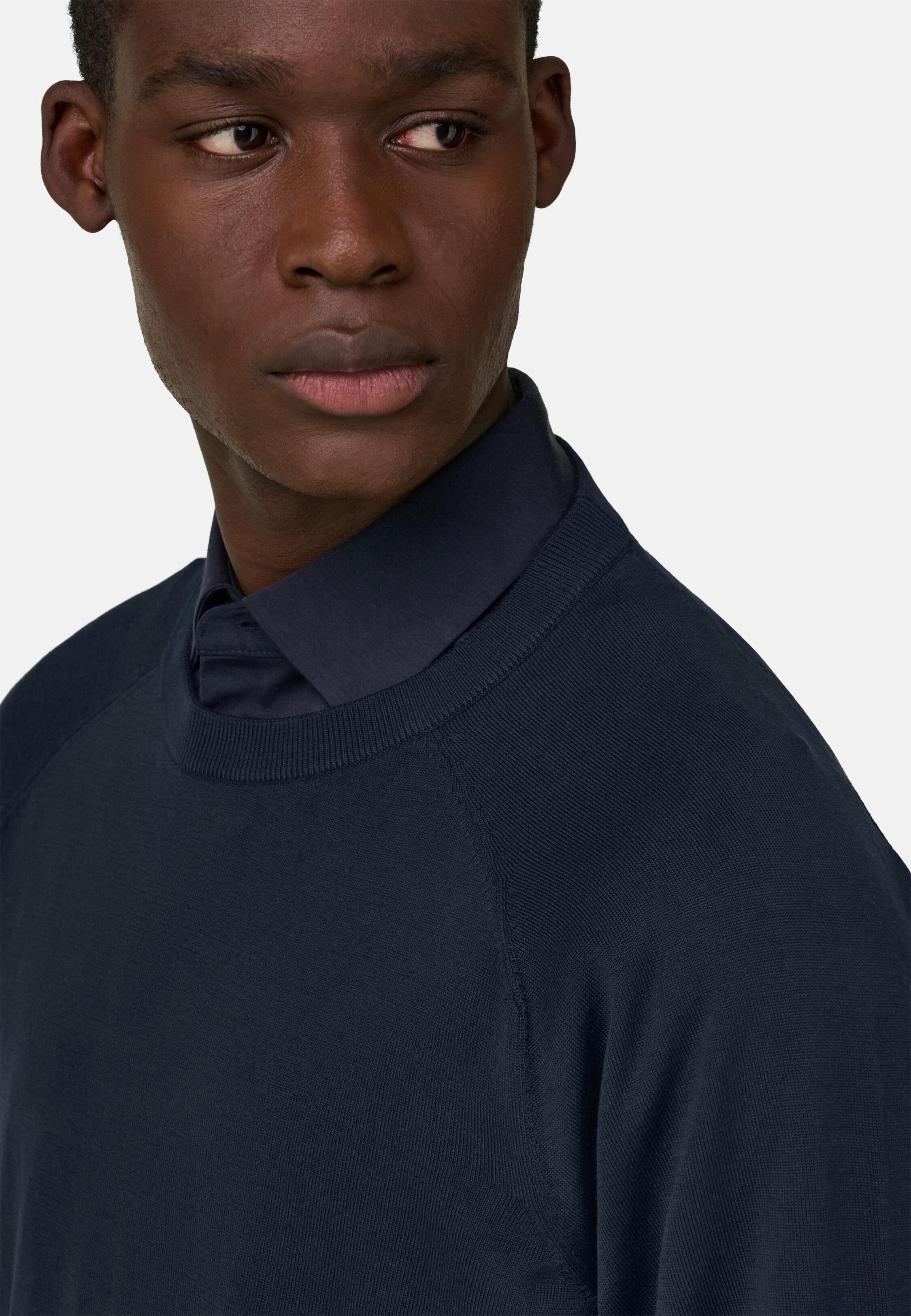 Cotton and Silk Crew Neck Jumper Navy blue, Navy blue, large image number 2