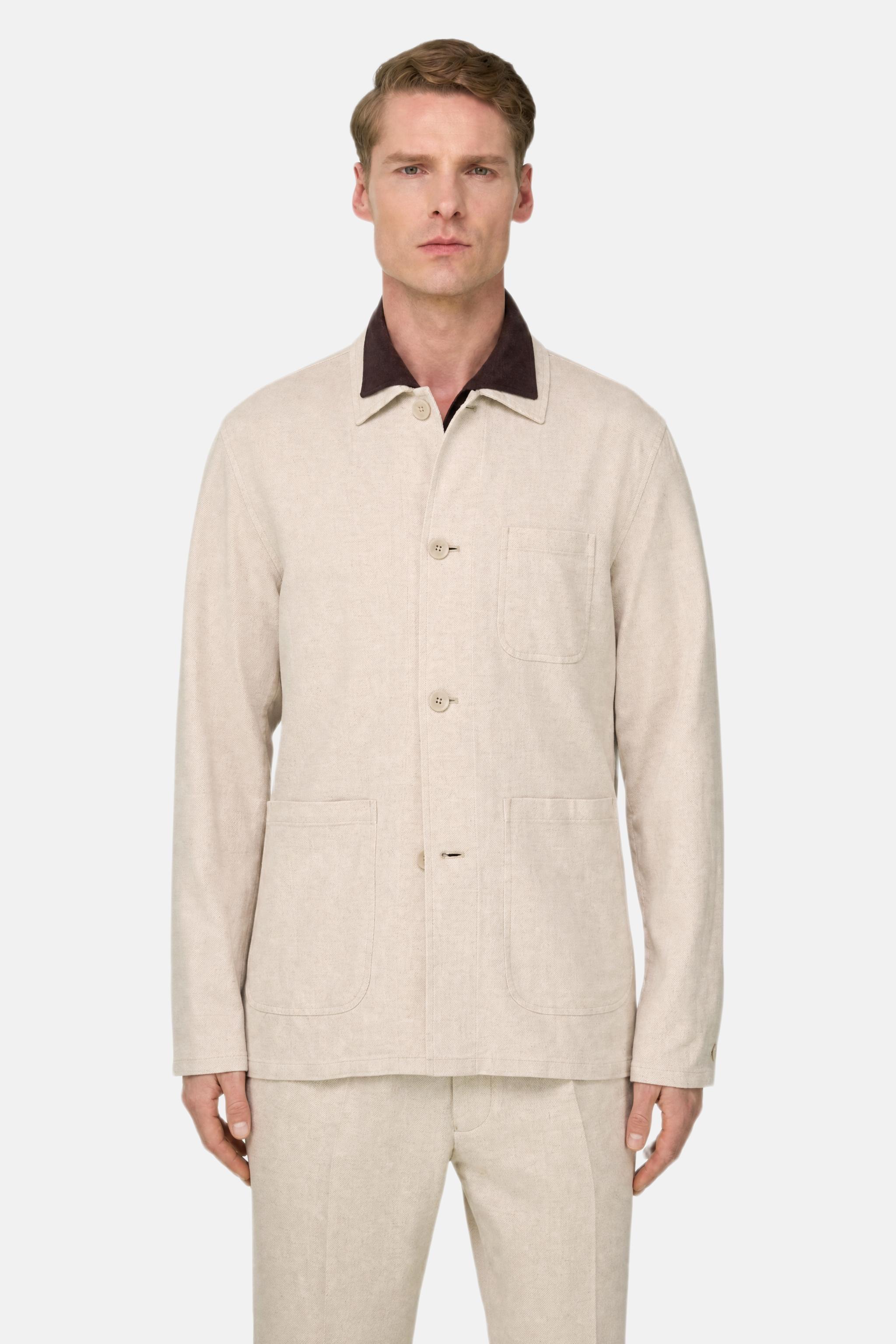 Diagonal Shirt Jacket in Cotton and Linen Sand, Sand, medium