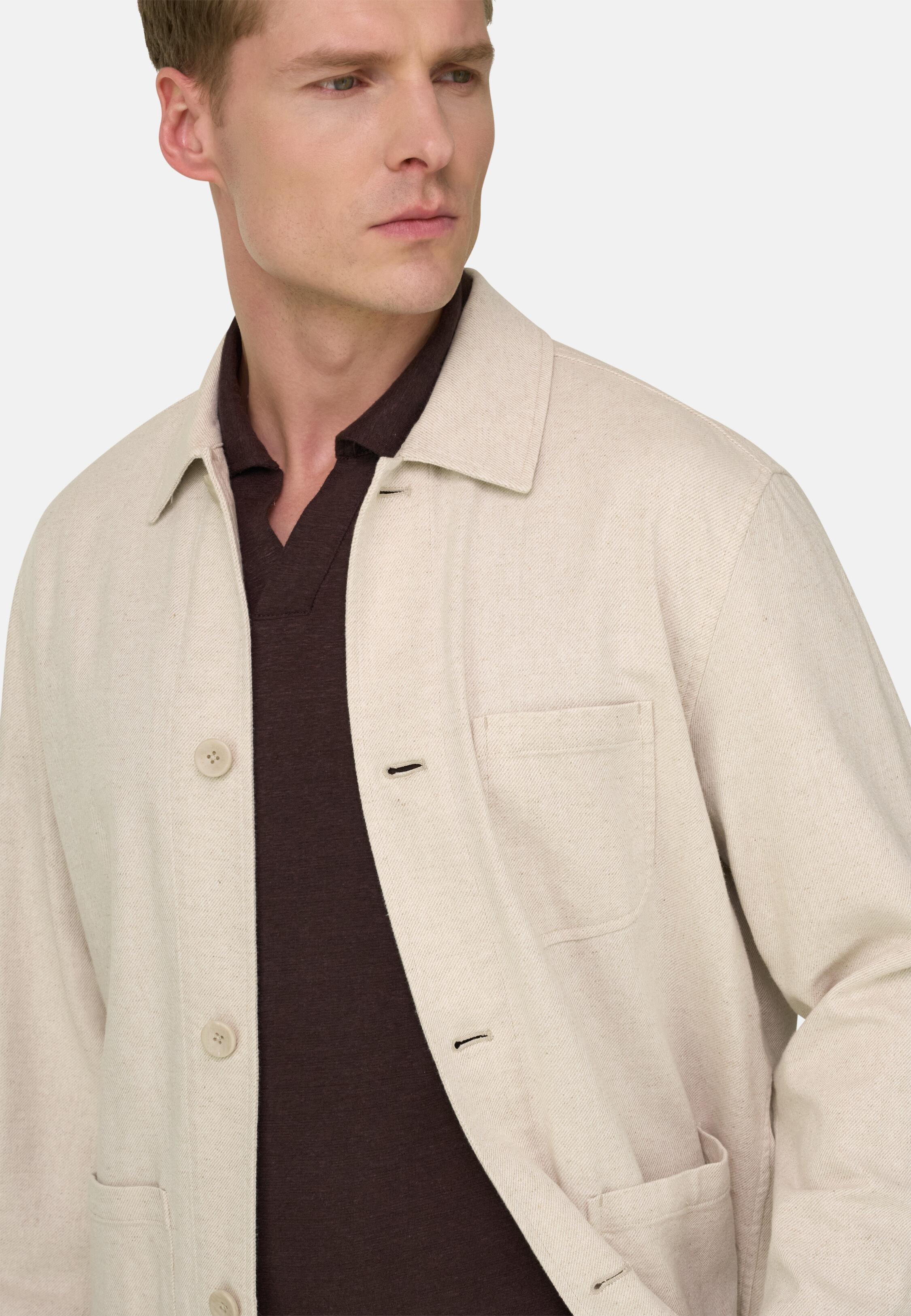 Diagonal Shirt Jacket in Cotton and Linen Sand, Sand, medium