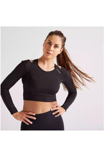 تيشيرت لياقة بدنية قصير بأكمام طويلة، بأسود، مقاس S, No Color, large image number 0