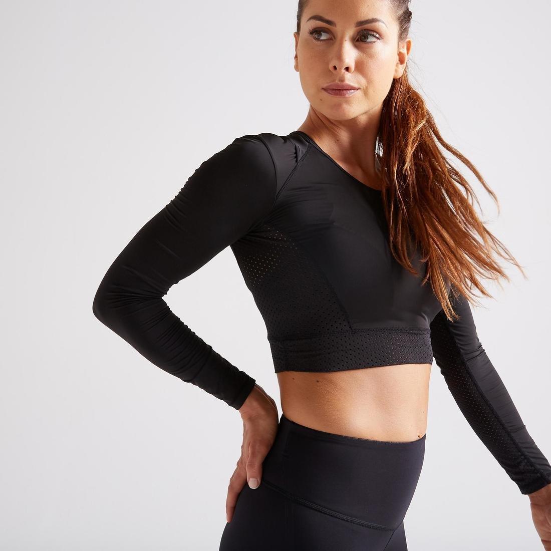 S/M  Long-Sleeved Cropped Fitness T-Shirt, Black, No Color, large image number 3