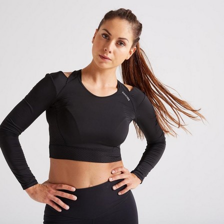DOMYOS - Large  Long-Sleeved Cropped Fitness T-Shirt, Black