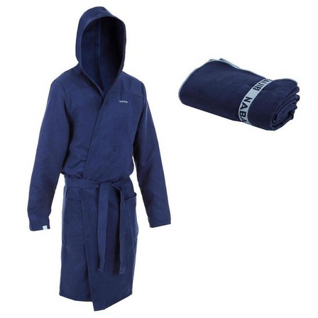 WATKO - S  Men's Compact Microfibre Bathrobe And Towel Set L (80 X 130 Cm), Navy Blue