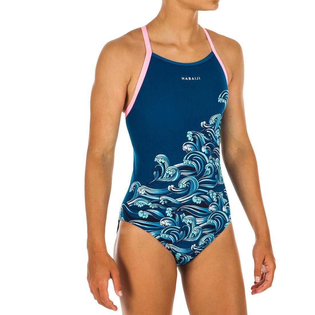 12-13Y Girls' Swimming One-Piece Swimsuit Jade- All Neon, Petrol Blue, , large image number 0