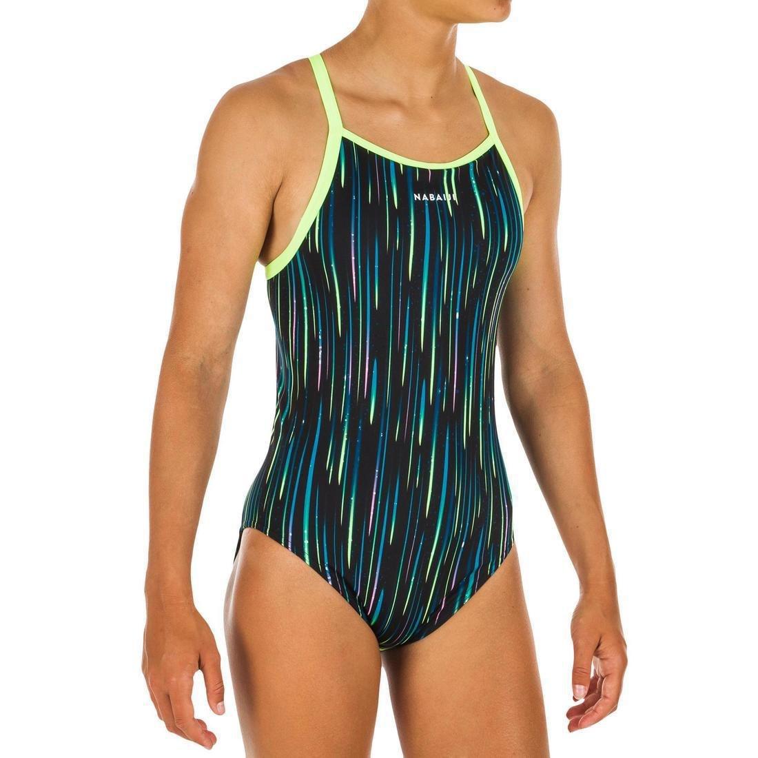 12-13Y Girls' Swimming One-Piece Swimsuit Jade- All Neon, Petrol Blue, , large image number 9
