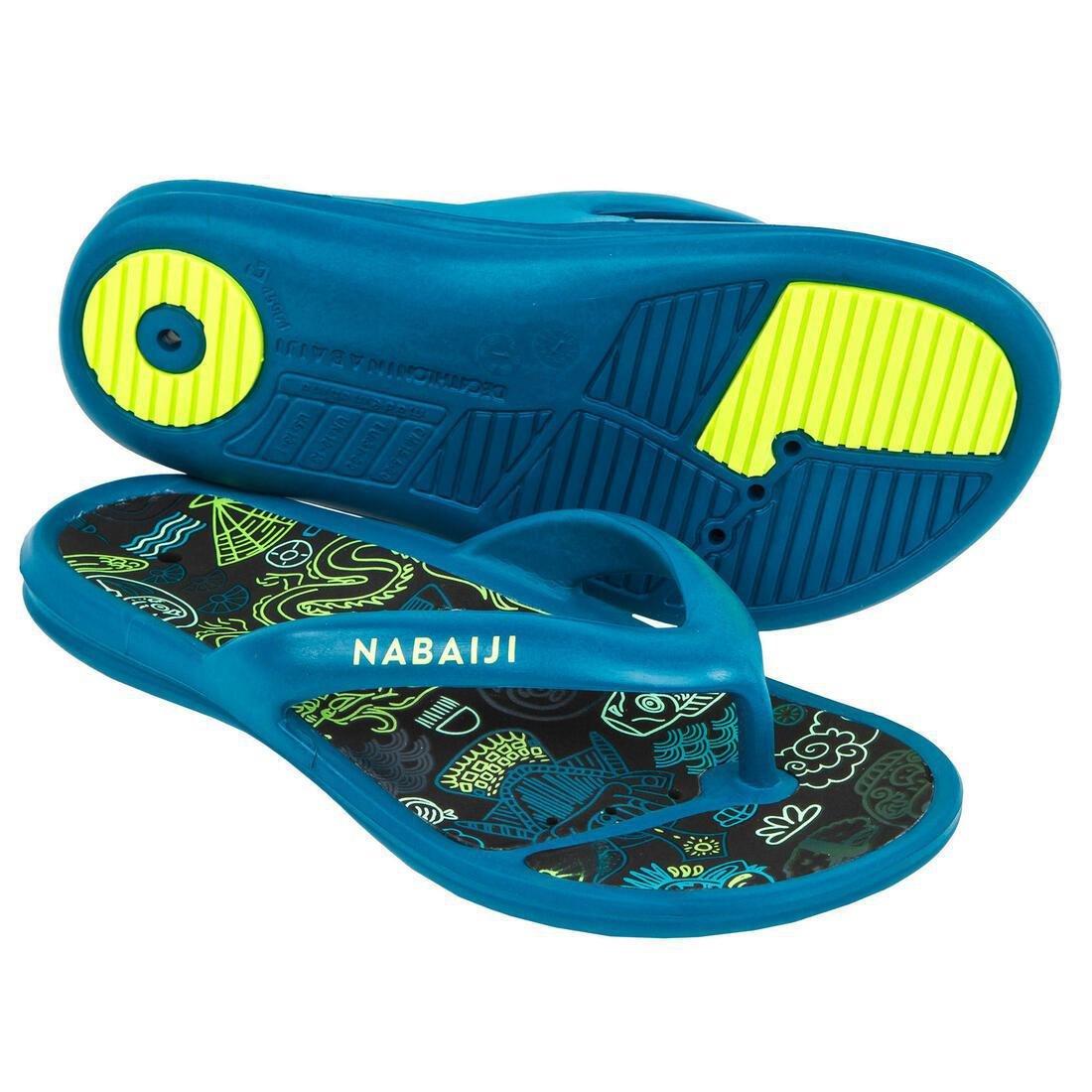 EU 33-34  Kids Pool Flip-Flops- Tonga 500 Print- Beach, Deep Petrol Blue, , large image number 0