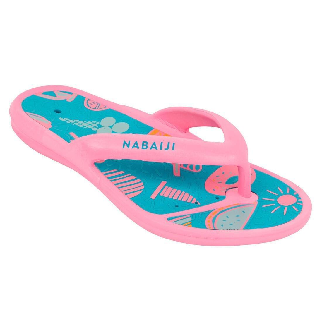 EU 33-34  Kids Pool Flip-Flops- Tonga 500 Print- Beach, Deep Petrol Blue, , large image number 1
