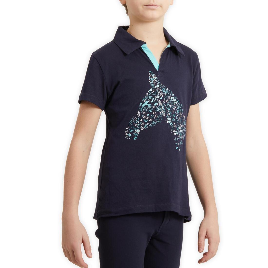 8-9Y  Horse Riding Short-Sleeved Polo Shirt 100, Turquoise Green, , large image number 2