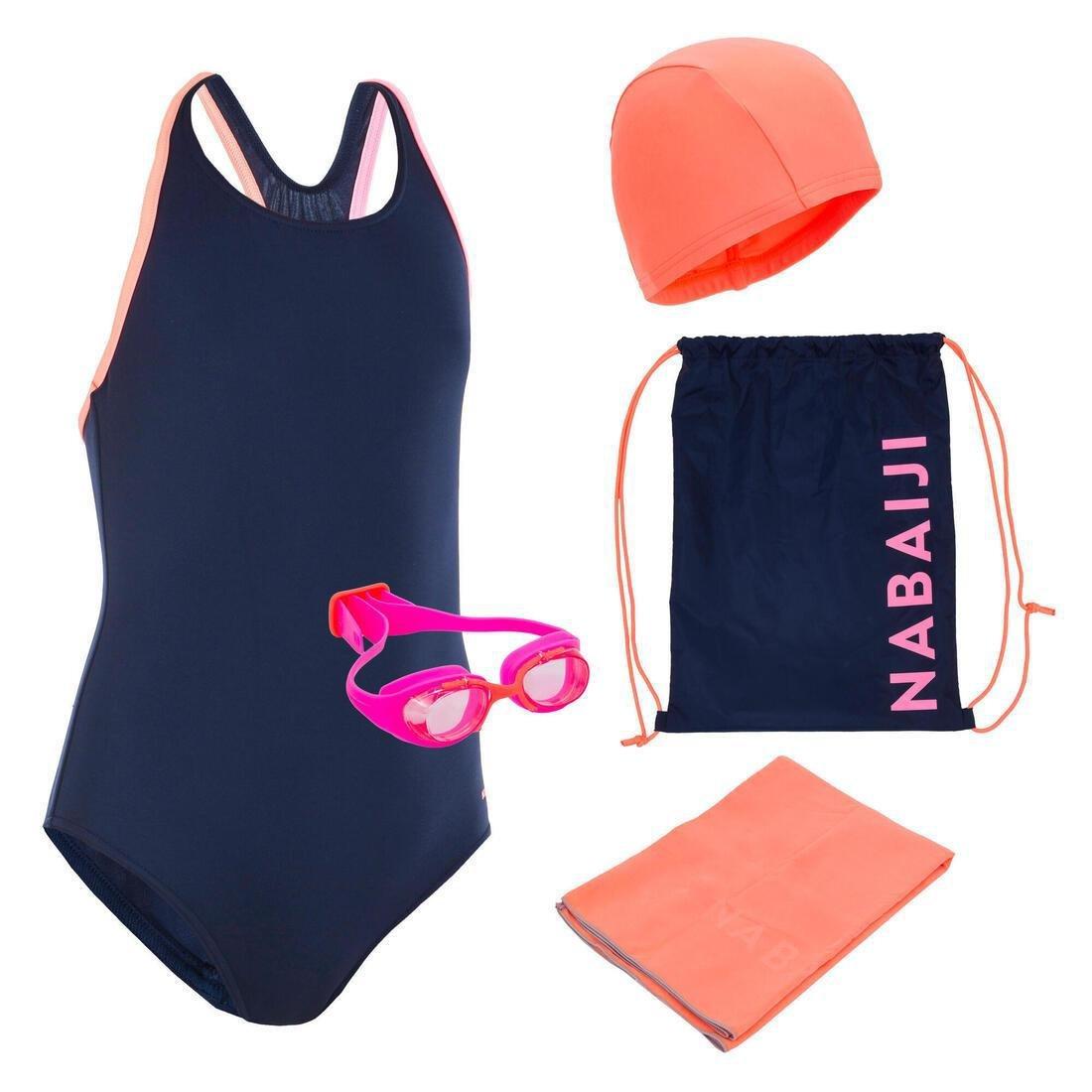 6-7Y  Girls' Swimming Set 100 Start: Swimming trunks, goggles, cap, towel, bag, Navy Blue, , large image number 1