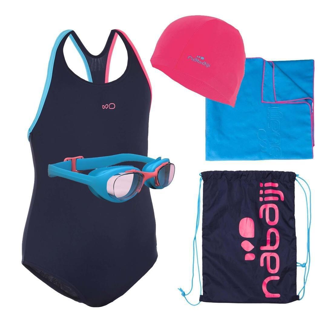 6-7Y  Girls' Swimming Set 100 Start: Swimming trunks, goggles, cap, towel, bag, Navy Blue, , large image number 10