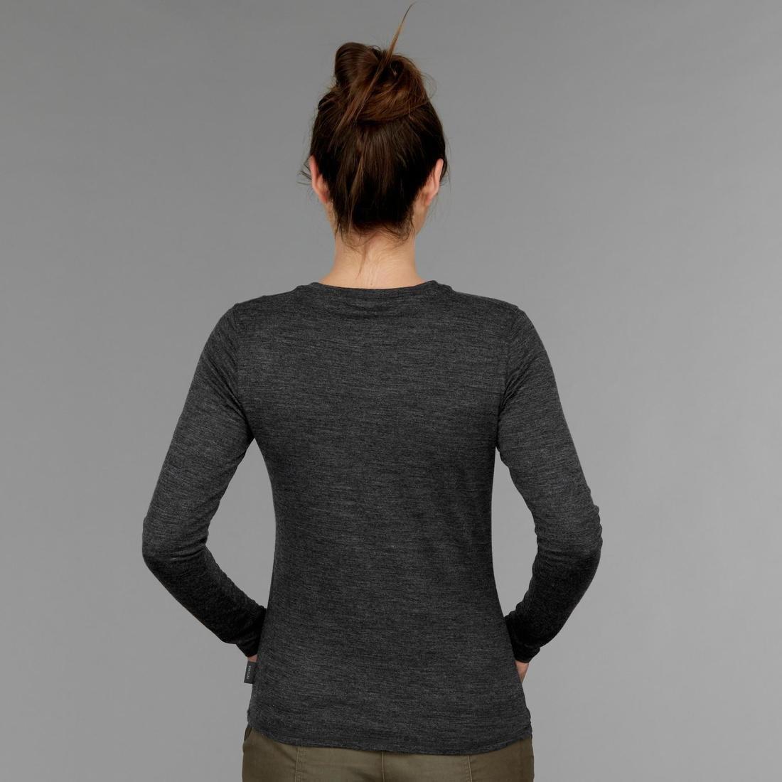 Women's Travel Trekking Merino Wool T-Shirt Travel 100, Black, No Color, large image number 2