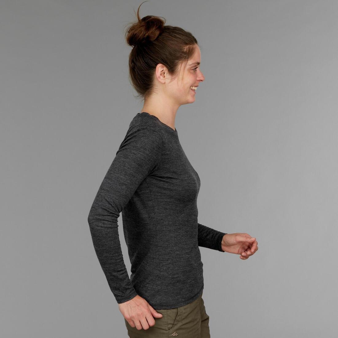 Women's Travel Trekking Merino Wool T-Shirt Travel 100, Black, No Color, large image number 3