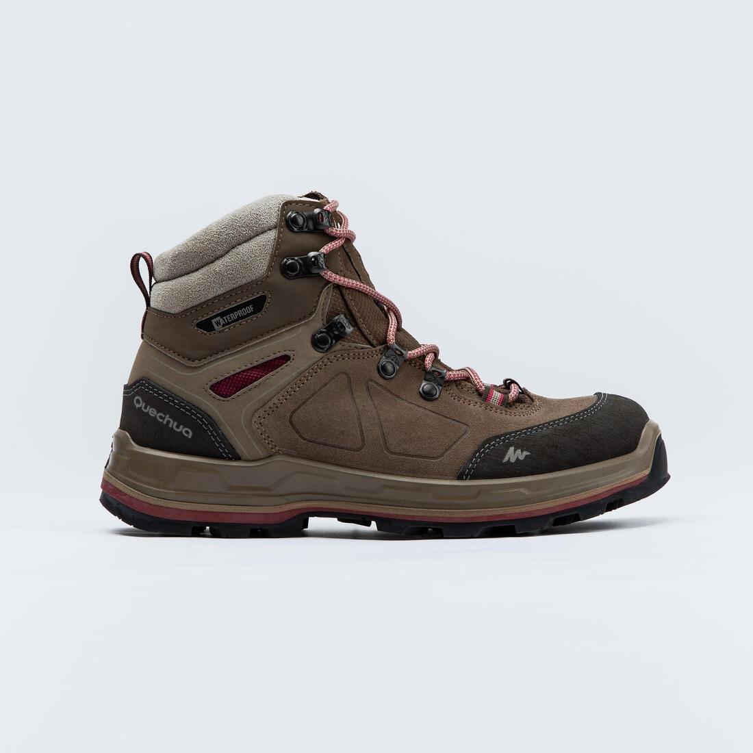 Women's High Waterproof Leather Boots Trekking 100 Ontrail, Brown, No Color, medium