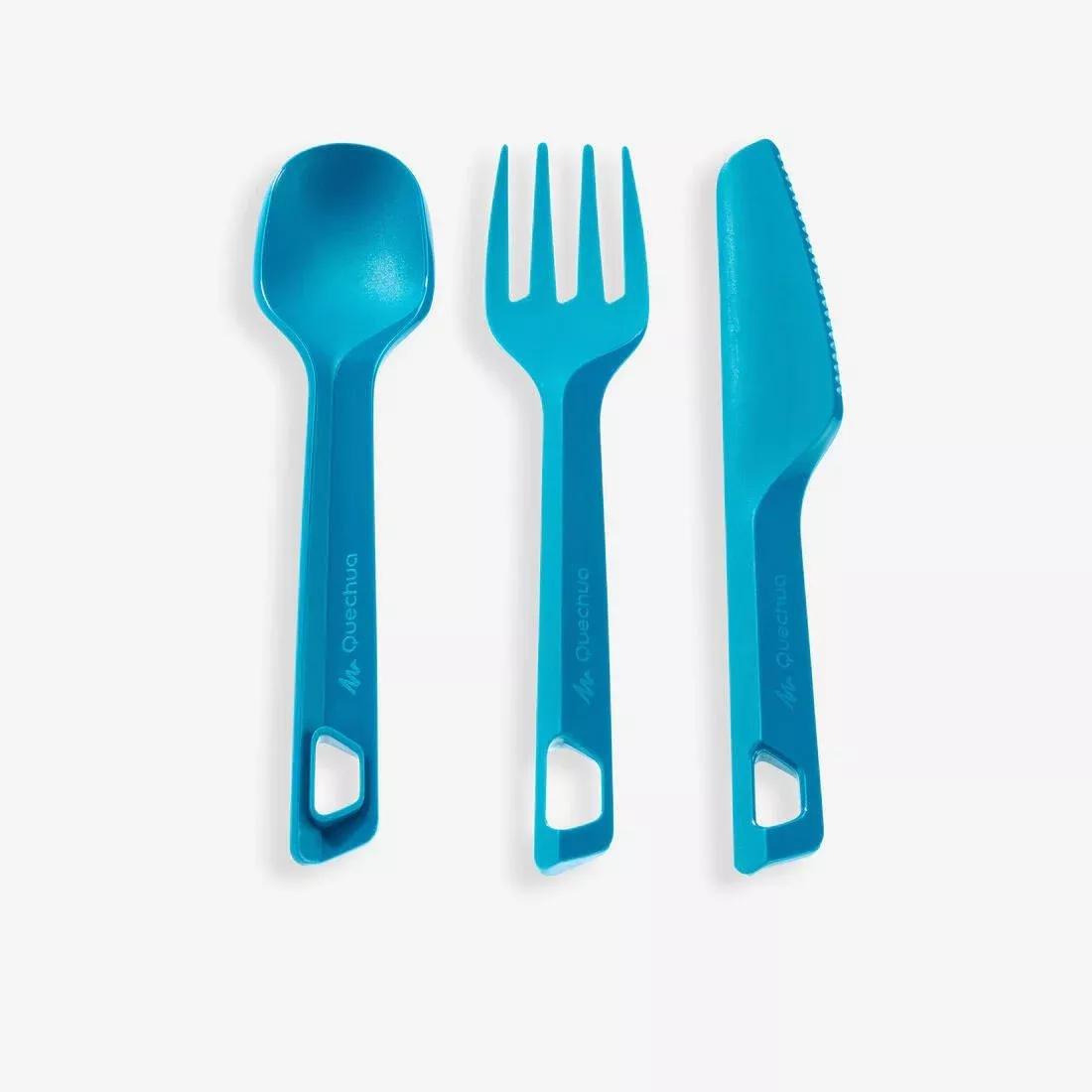 QUECHUA - Outdoor Cutlery Set (Knife, Fork, Spoon), Teal Green