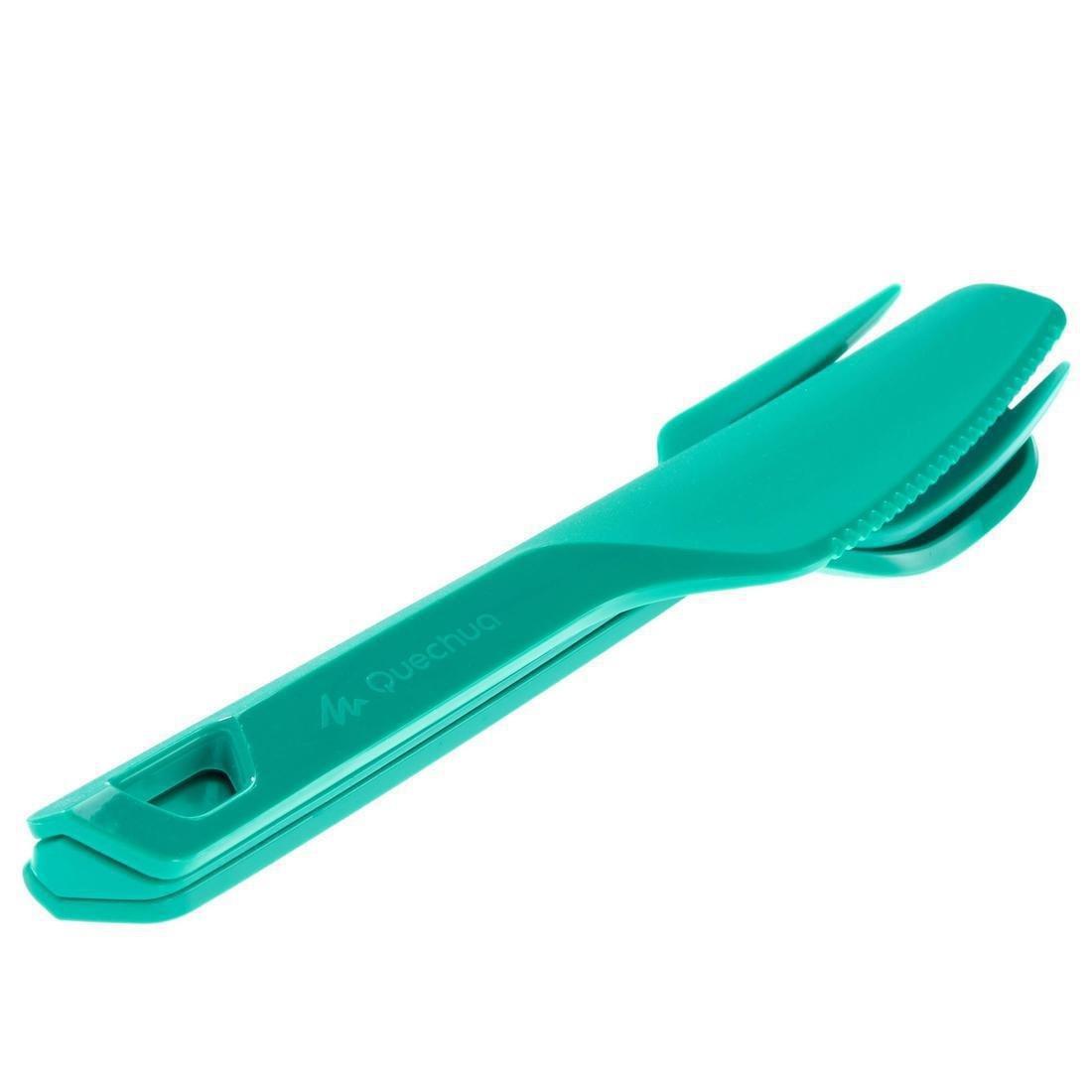 QUECHUA - Outdoor Cutlery Set (Knife, Fork, Spoon), Teal Green