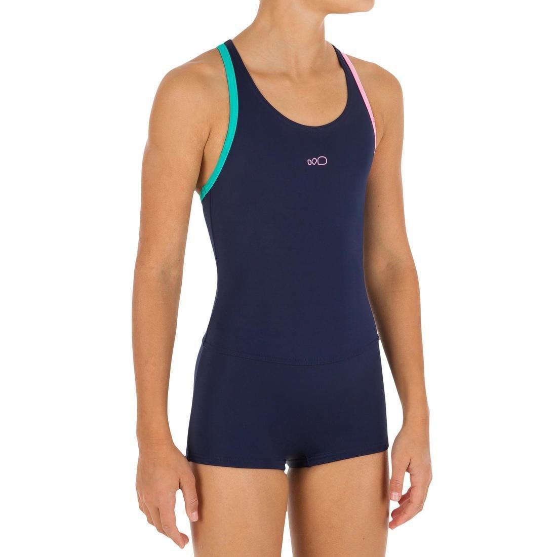 Kids Girls One-Piece Shorty Legsuit Swimsuit, Navy, , large image number 0
