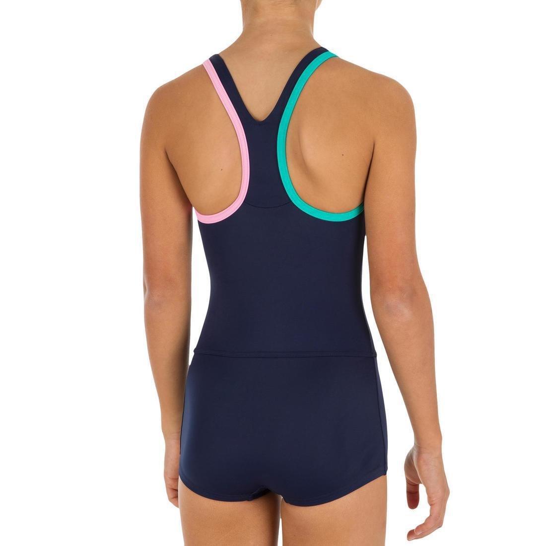 Kids Girls One-Piece Shorty Legsuit Swimsuit, Navy, , large image number 2