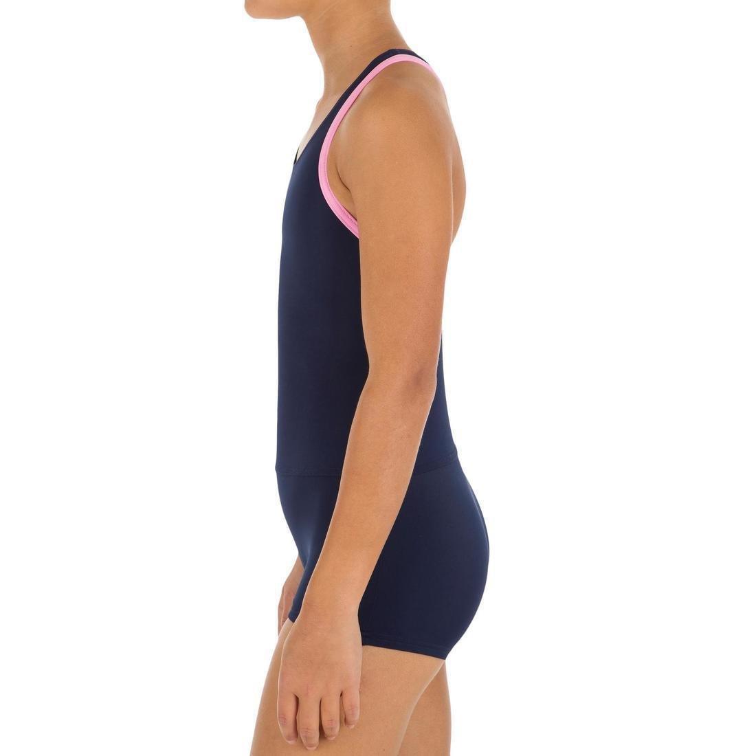 Kids Girls One-Piece Shorty Legsuit Swimsuit, Navy, , large image number 3