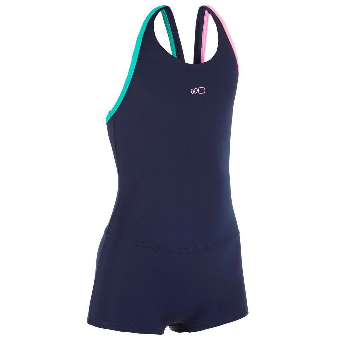 Kids Girls One-Piece Shorty Legsuit Swimsuit, Navy, , large image number 13