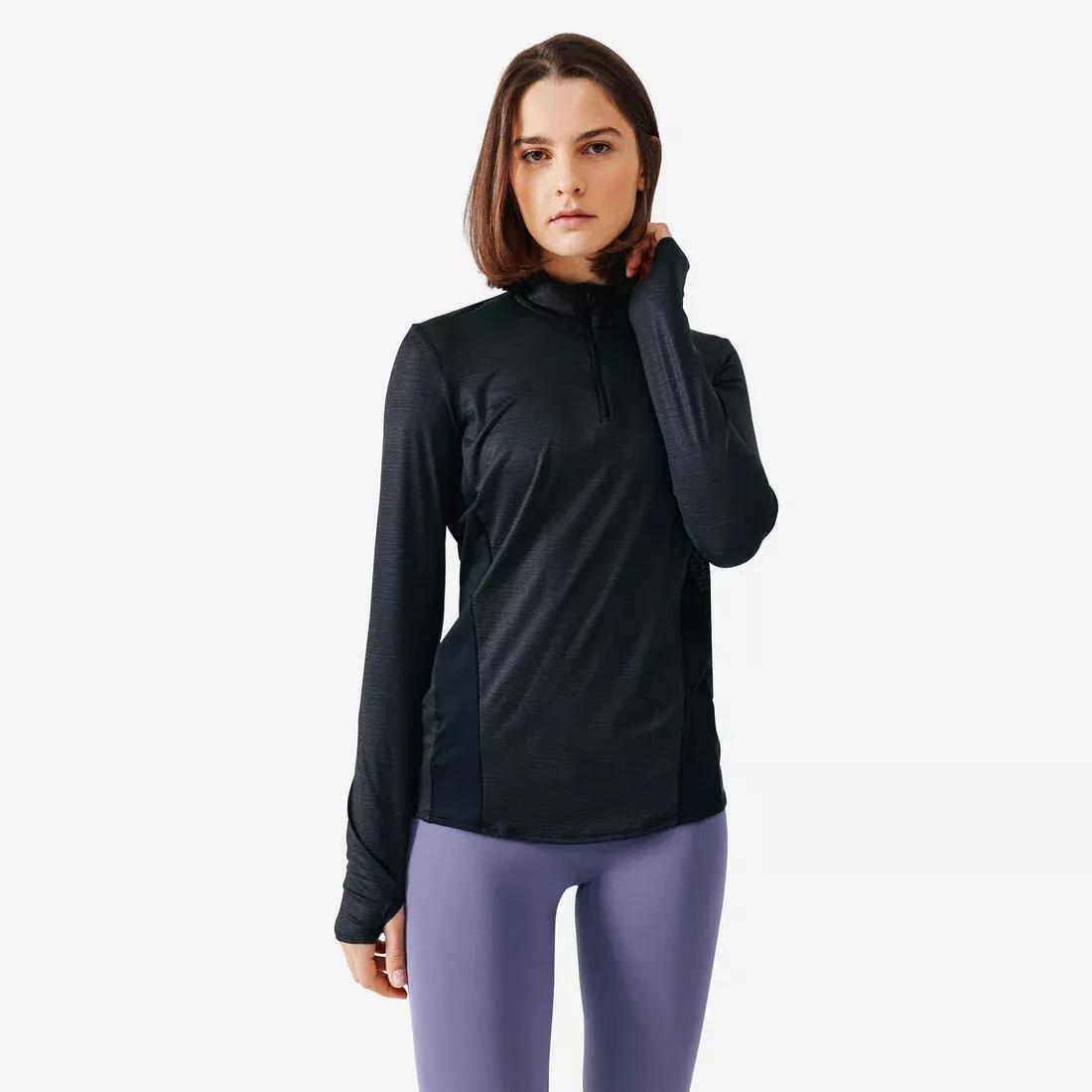 Run Dry Women's Long-Sleeved Half-Zip Running T-Shirt, Black, No Color, medium