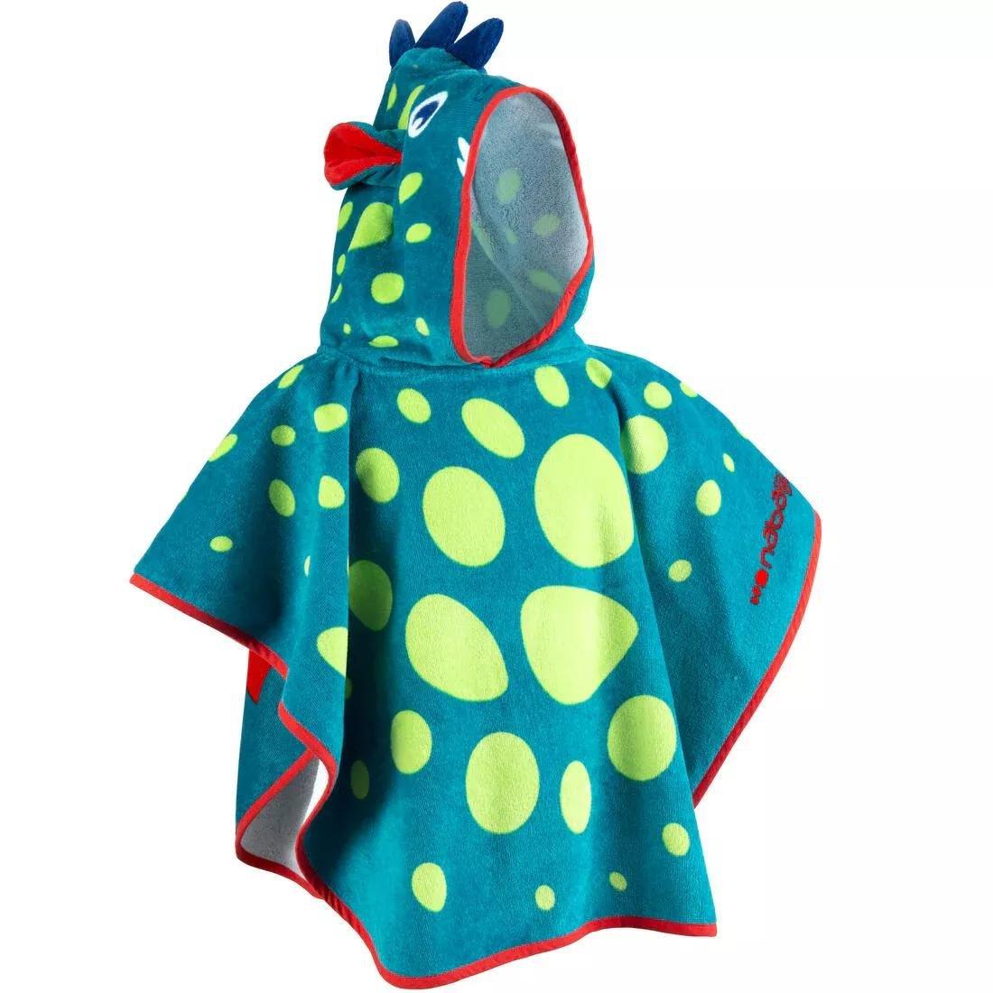 Baby Poncho With Hood, Blue And Green Dragon Print, Blue, No Color, large image number 0