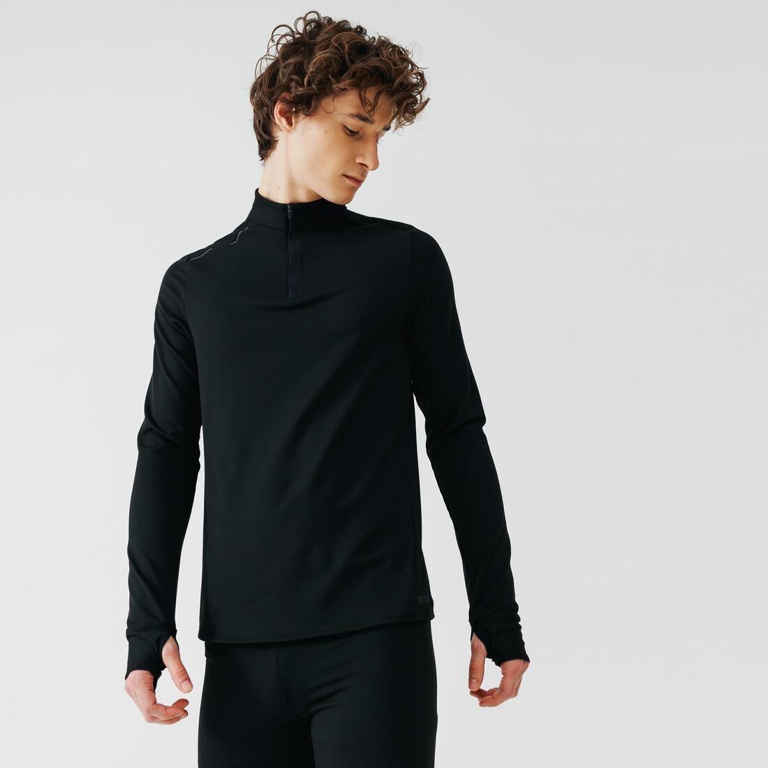 Mens Kalenji Warm Long-Sleeved Running T-Shirt, Black, No Color, medium