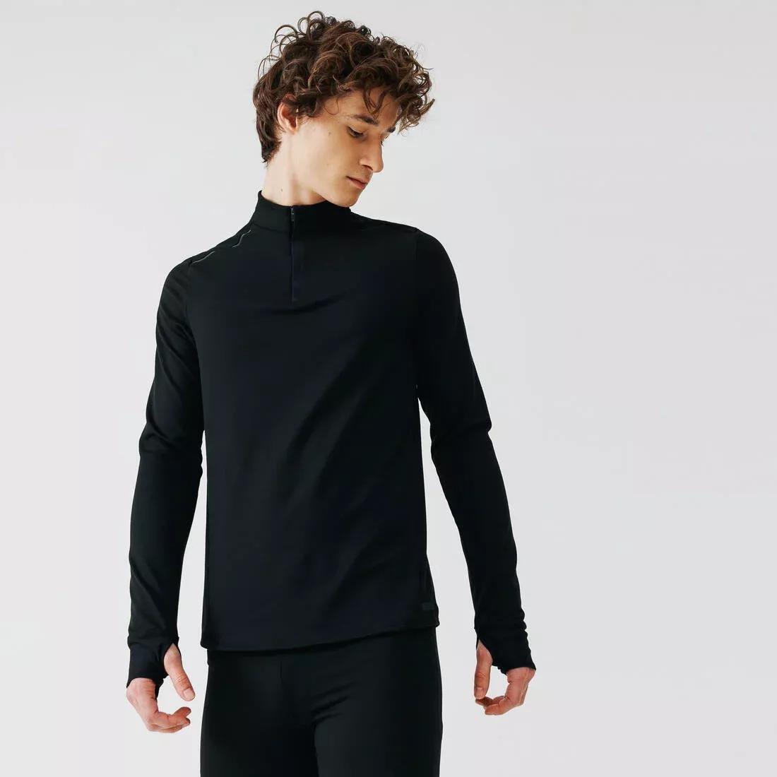 Mens Kalenji Warm Long-Sleeved Running T-Shirt, Black, No Color, medium