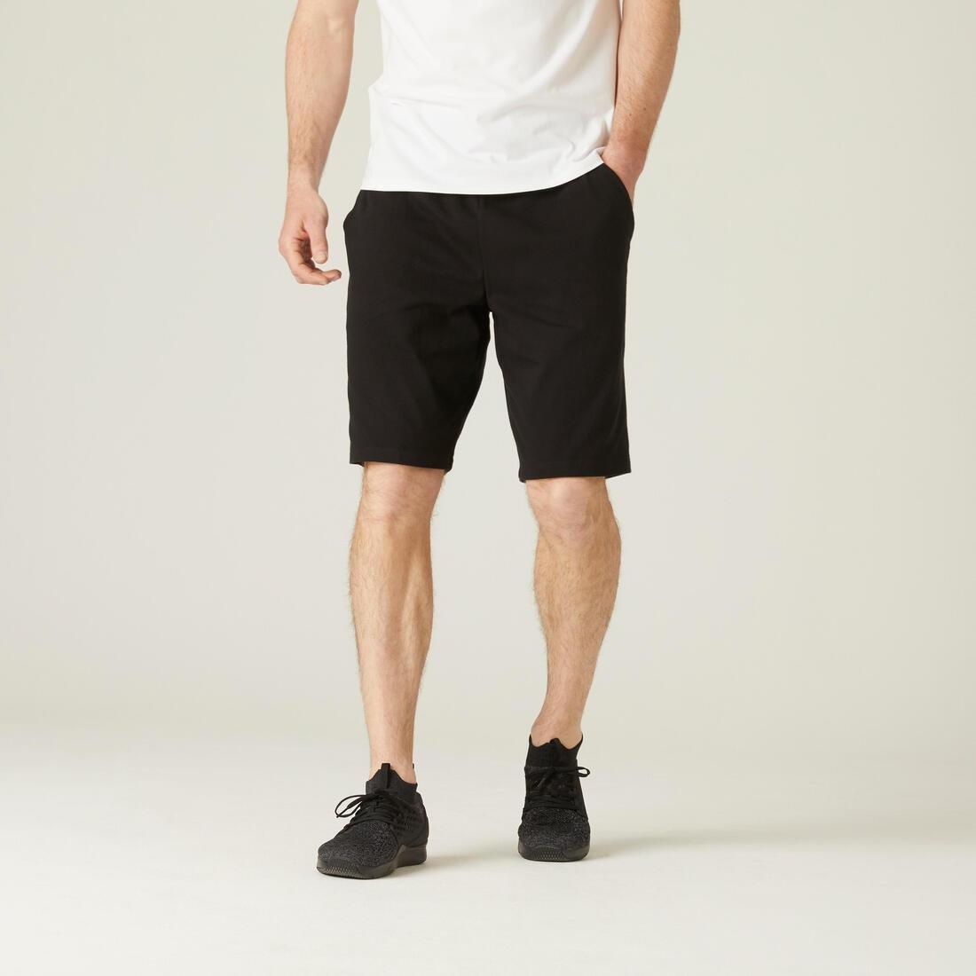 Fitness Long Stretch Cotton Shorts, Black, , medium
