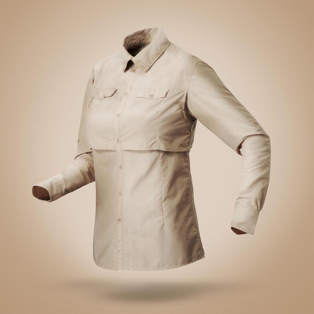 Womens Desert 500 Long-Sleeved Trekking Shirt, Beige, , large image number 1