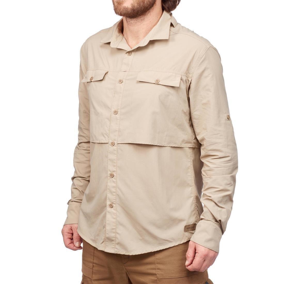 FORCLAZ - Mens Long Sleeved Anti-Uv Desert Trekking Shirt - Desert 500, Beige