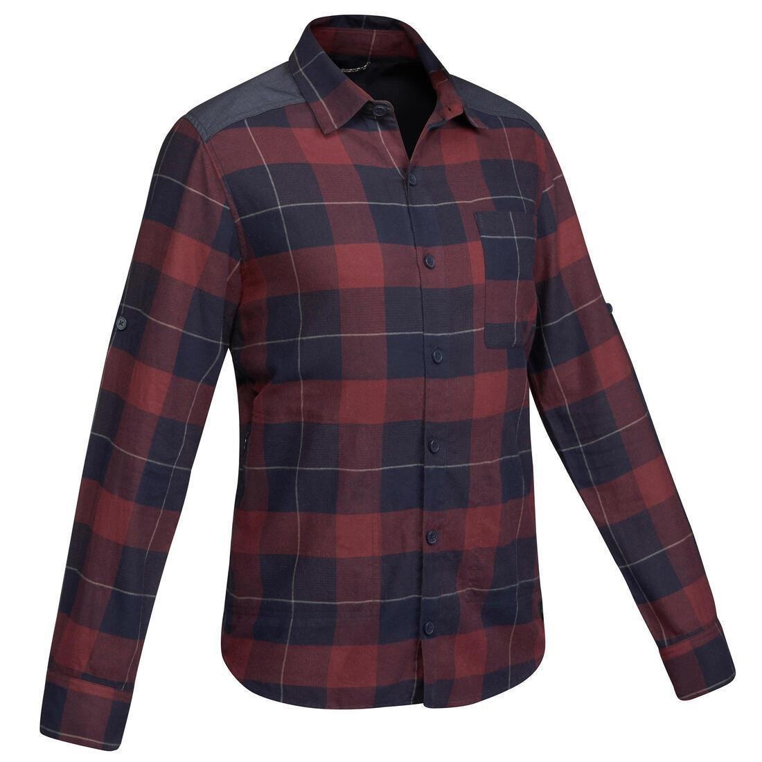 FORCLAZ - Men Plaid Travel Trekking Shirt - 100 Warm, Red