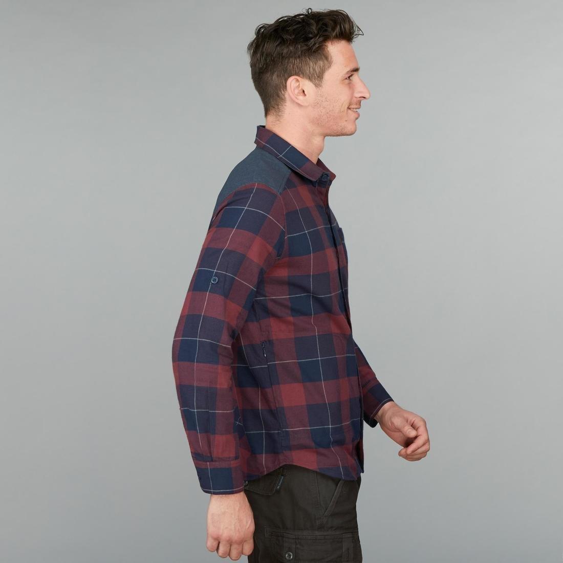 FORCLAZ - Men Plaid Travel Trekking Shirt - 100 Warm, Red