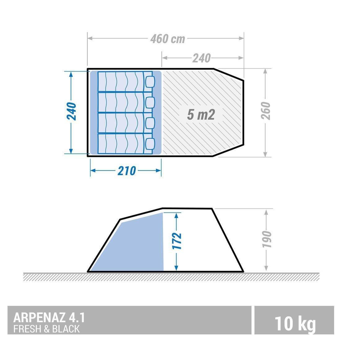 Camping Tent With Poles Arpenaz 4.1 Fresh And Black 4 Persons 1 Bedroom Blue