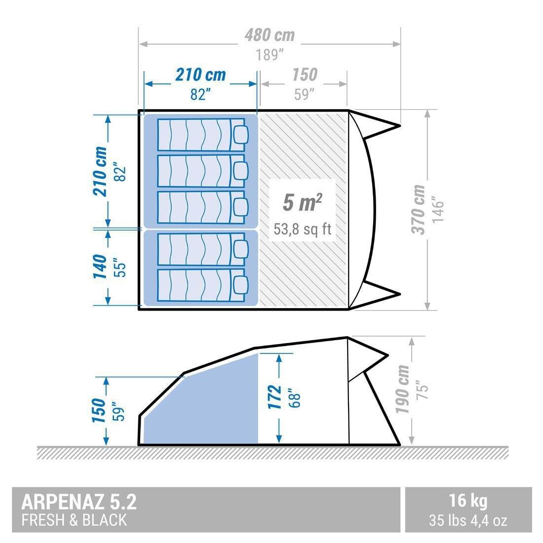 5 Man Blackout Tent With Poles - Arpenaz 5.2, No Color, large image number 2
