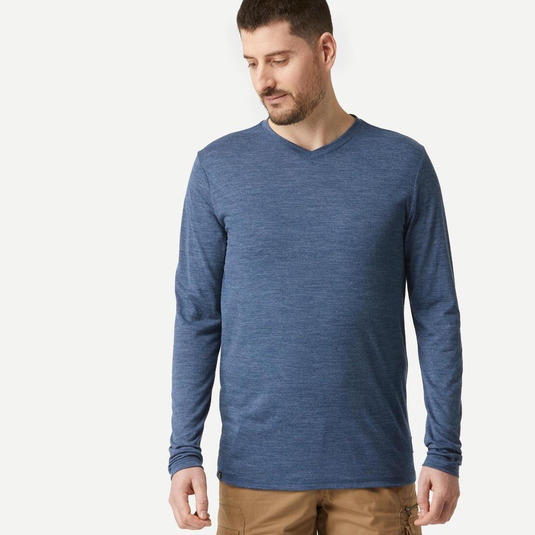 Men Long-Sleeved Merino Wool Trekking T-Shirt - Travel 100, Grey, , large image number 0