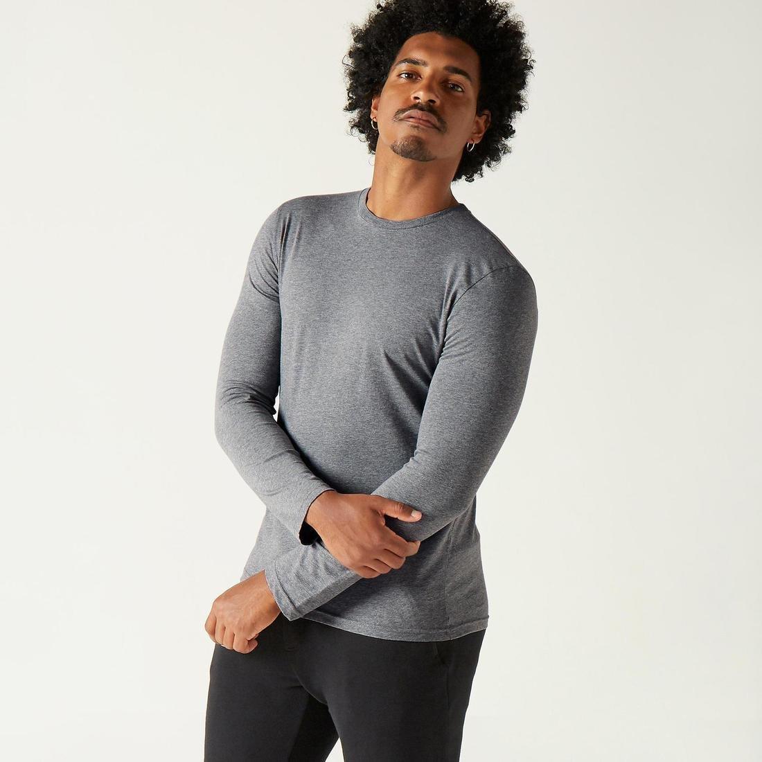 Long-Sleeved Fitness Cotton T-Shirt, Blue, No Color, large image number 0